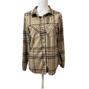 Womens Beige & Black Plaid Button-Down Shirt Long Sleeve Lightweight Womens M